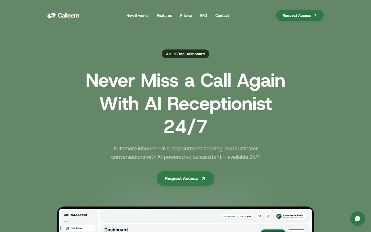 Calleem landing page: “Never miss a call again with AI receptionist 24/7”