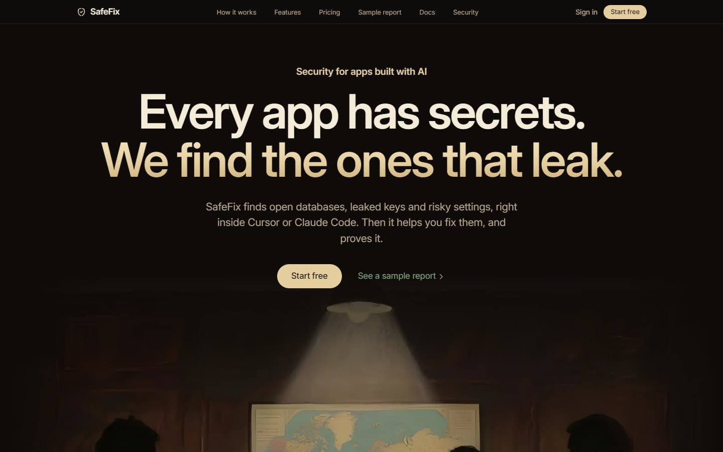 SafeFix landing page: “Every app has secrets. We find the ones that leak.”